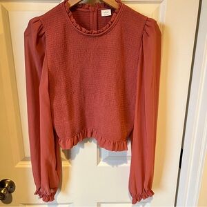 Aritzia Wilfred mauve blouse top ruffle edge puff long sleeve size large